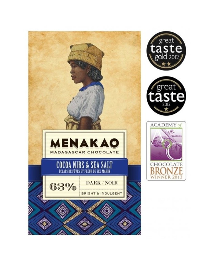 Menakao Dark chocolate 63% with cocoa nibs & salt