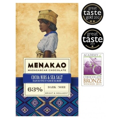 Menakao Dark chocolate 63% with cocoa nibs & salt